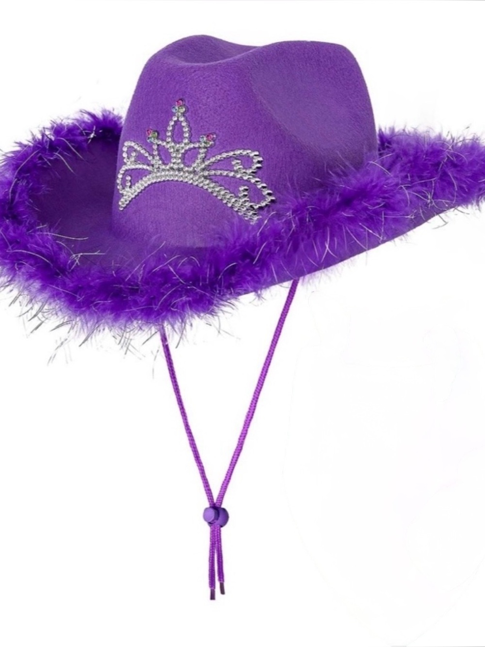 Purple Feather Trim Cowgirl Hat with Rhinestone Tiara